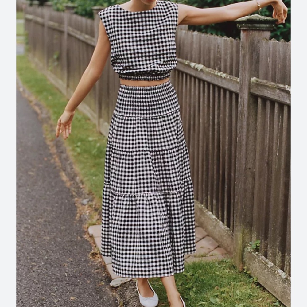Anthropologie Maeve Black and White Gingham Maxi Skirt and cropped blouse